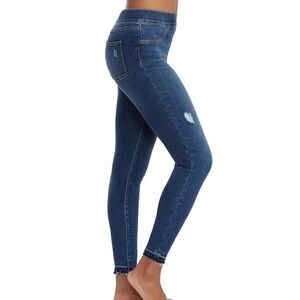 SPANX Distressed Denim High Rise Elastic Waist Raw Hem Jeggings